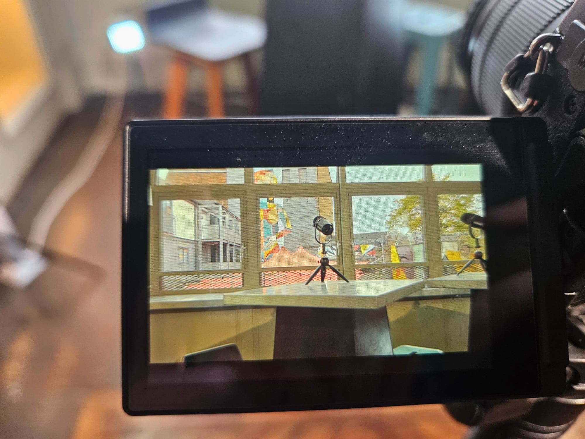 Podcast production monitor during a recorded interview
